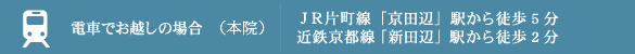 電車でお越しの場合　JR片町線「京田辺」駅から徒歩5分　近鉄京都線「新田辺」駅から徒歩2分