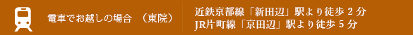 電車でお越しの場合（東院）近鉄京都線「新田辺」駅より徒歩2分JR片町線「京田辺」駅より徒歩5分
